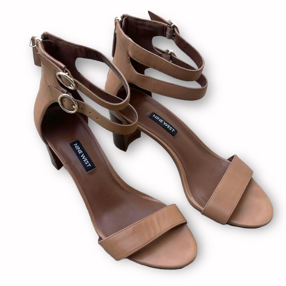 Nine West Tan Leather Sandals Women Sz 9.5 Double Ankle Strap Block Heel Elegant